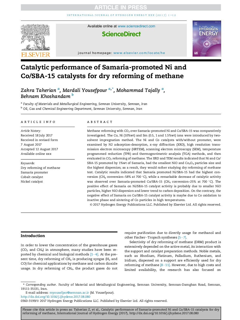 Catalytic performance of Samaria-promoted Ni and Co/SBA-15 catalysts for dry reforming of methane