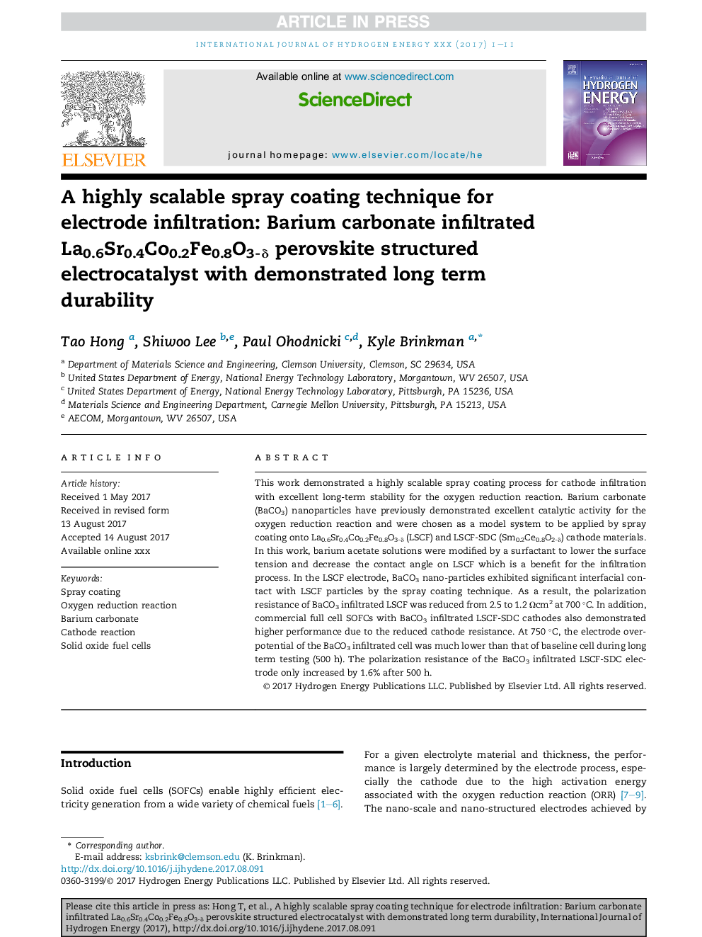 A highly scalable spray coating technique for electrode infiltration: Barium carbonate infiltrated La0.6Sr0.4Co0.2Fe0.8O3-Î´ perovskite structured electrocatalyst with demonstrated long term durability