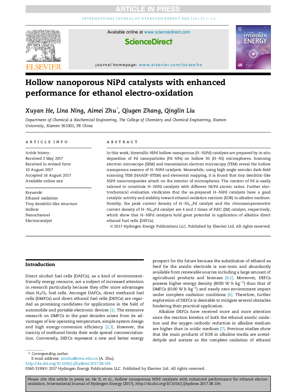 Hollow nanoporous NiPd catalysts with enhanced performance for ethanol electro-oxidation