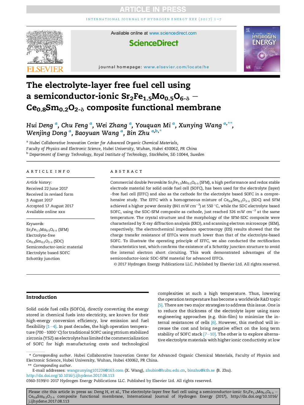 The electrolyte-layer free fuel cell using aÂ semiconductor-ionic Sr2Fe1.5Mo0.5O6-Î´ - Ce0.8Sm0.2O2-Î´ composite functional membrane