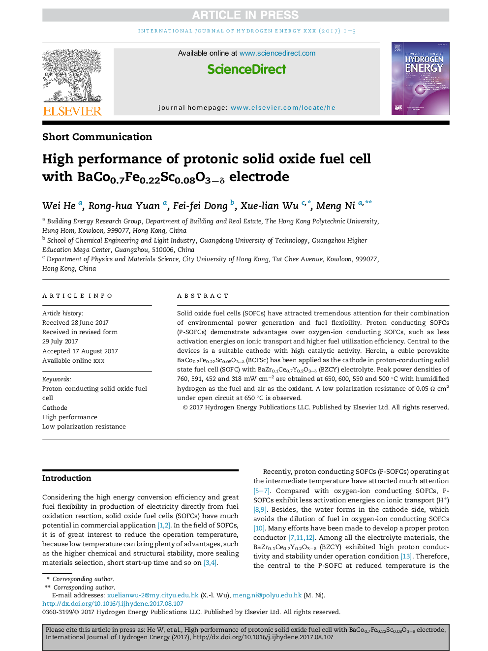 High performance of protonic solid oxide fuel cell with BaCo0.7Fe0.22Sc0.08O3âÎ´ electrode