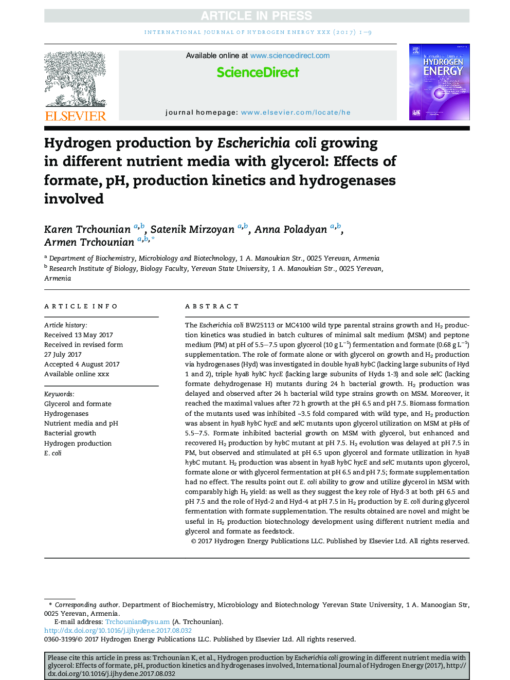 Hydrogen production by Escherichia coli growing inÂ different nutrient media with glycerol: Effects of formate, pH, production kinetics and hydrogenases involved