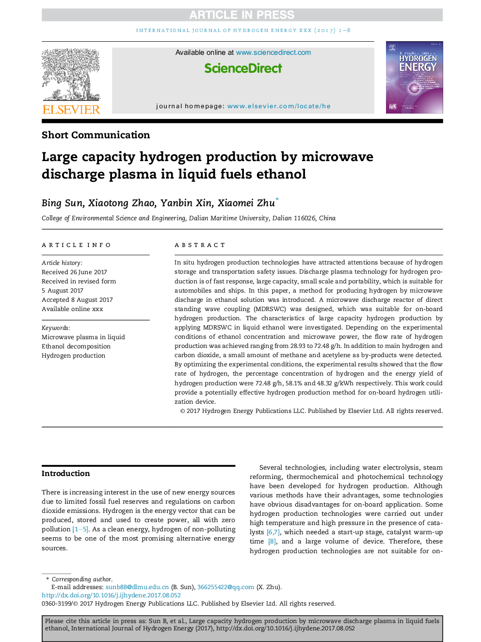 Large capacity hydrogen production by microwave discharge plasma in liquid fuels ethanol