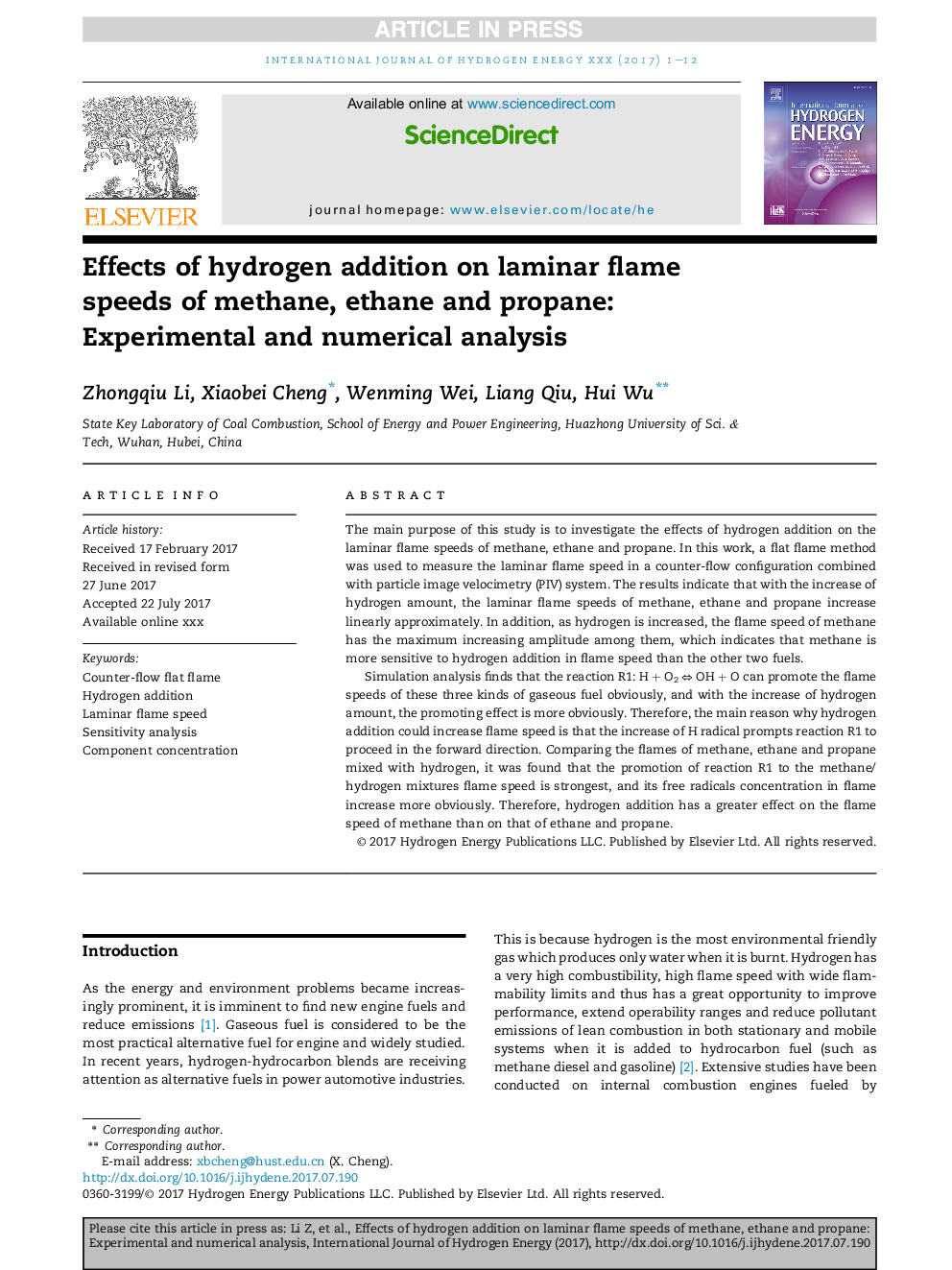 Effects of hydrogen addition on laminar flame speeds of methane, ethane and propane: Experimental and numerical analysis