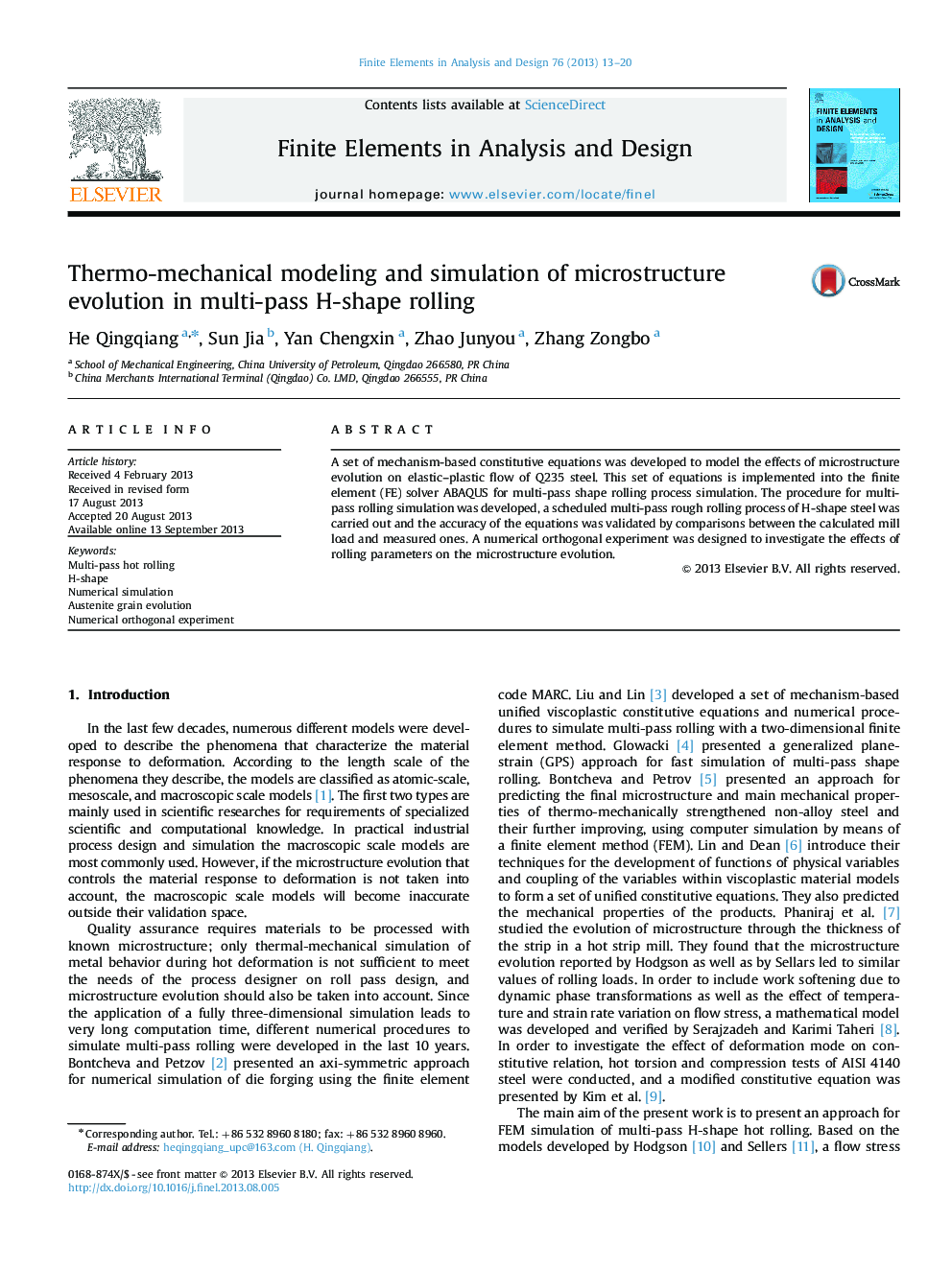 Thermo-mechanical modeling and simulation of microstructure evolution in multi-pass H-shape rolling