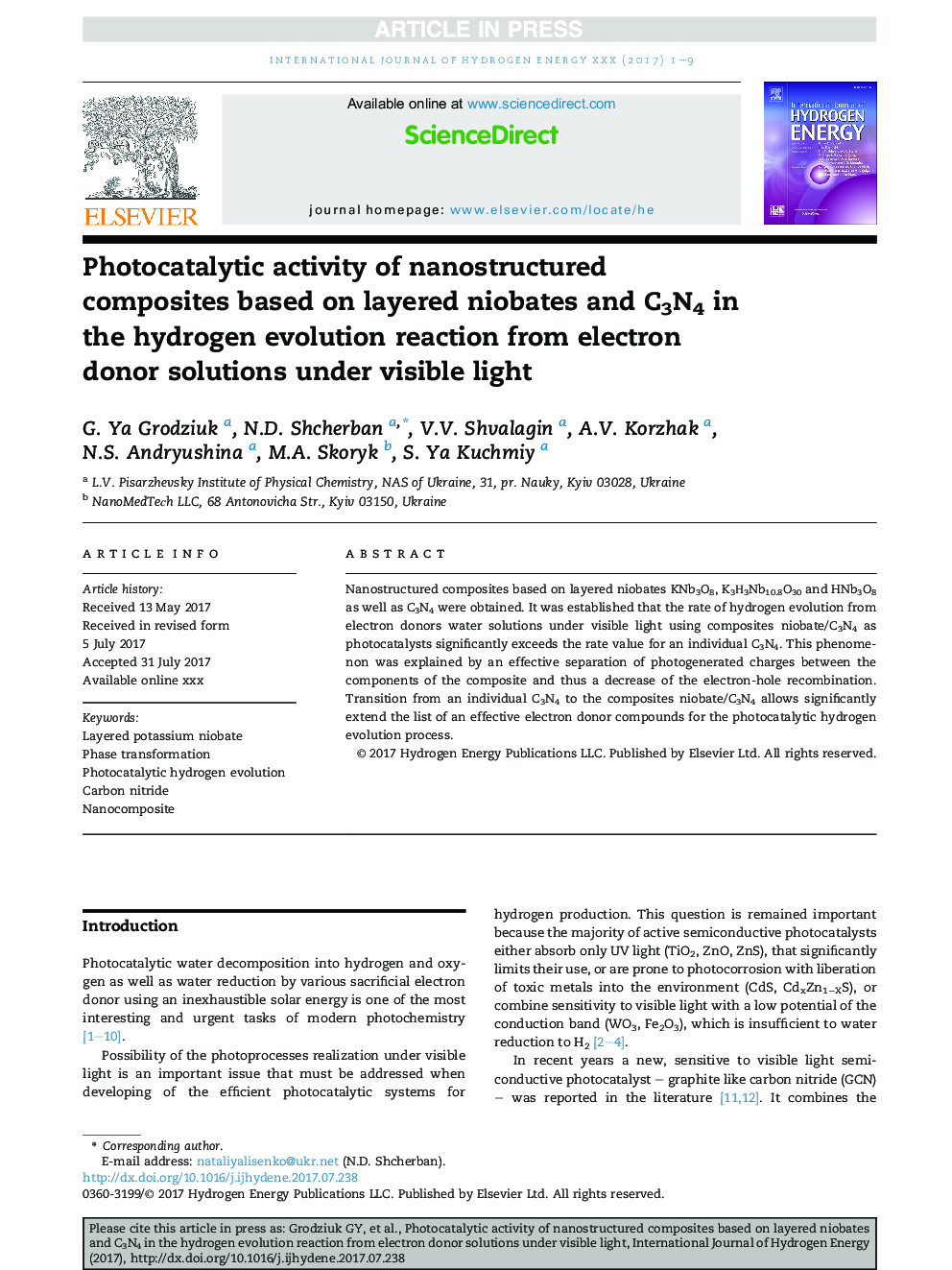 Photocatalytic activity of nanostructured composites based on layered niobates and C3N4 in the hydrogen evolution reaction from electron donor solutions under visible light