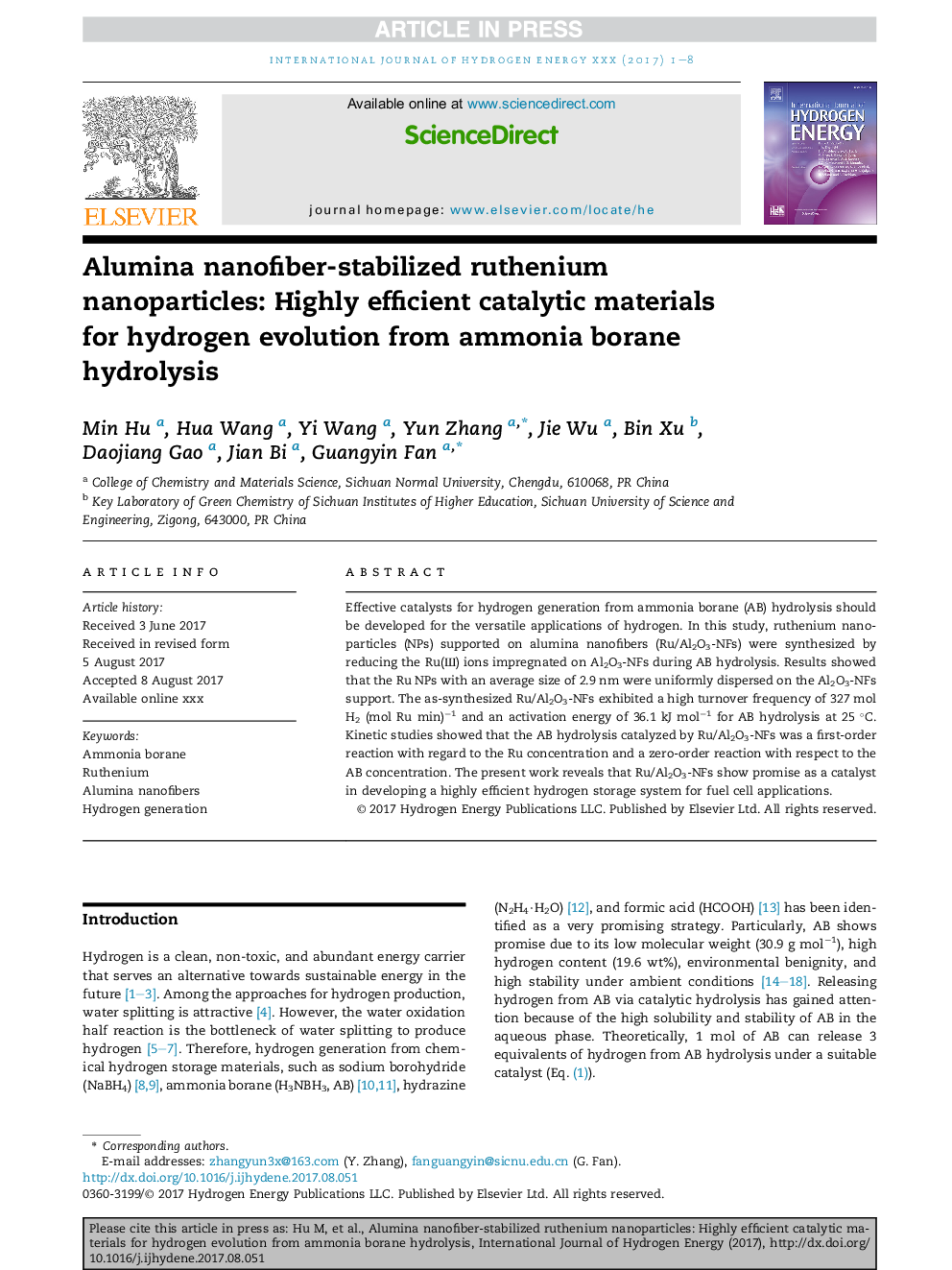 Alumina nanofiber-stabilized ruthenium nanoparticles: Highly efficient catalytic materials for hydrogen evolution from ammonia borane hydrolysis