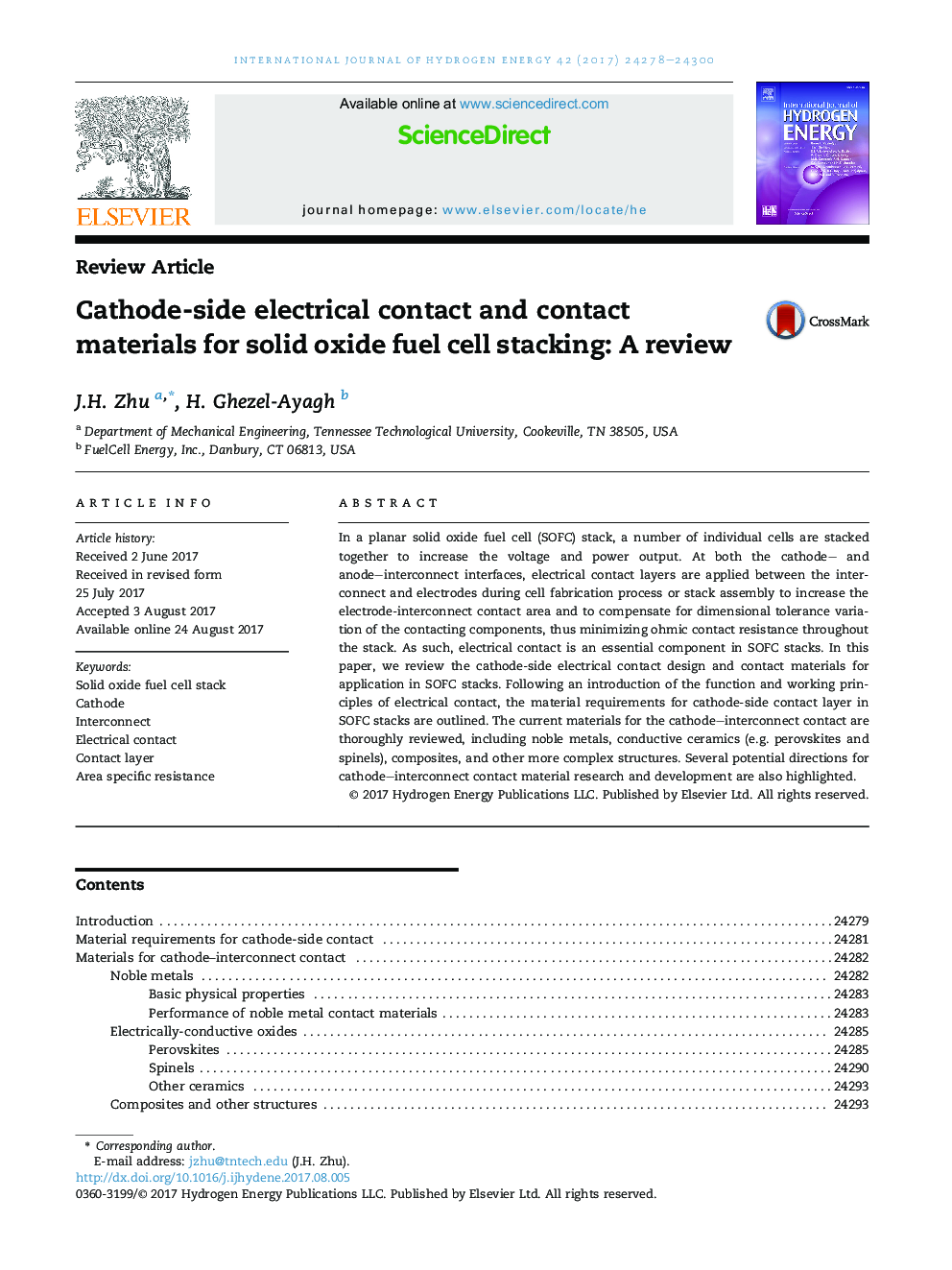 Cathode-side electrical contact and contact materials for solid oxide fuel cell stacking: A review