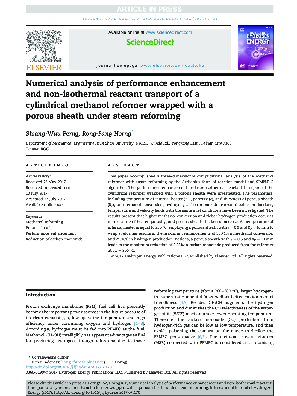 Numerical analysis of performance enhancement and non-isothermal reactant transport of a cylindrical methanol reformer wrapped with a porous sheath under steam reforming