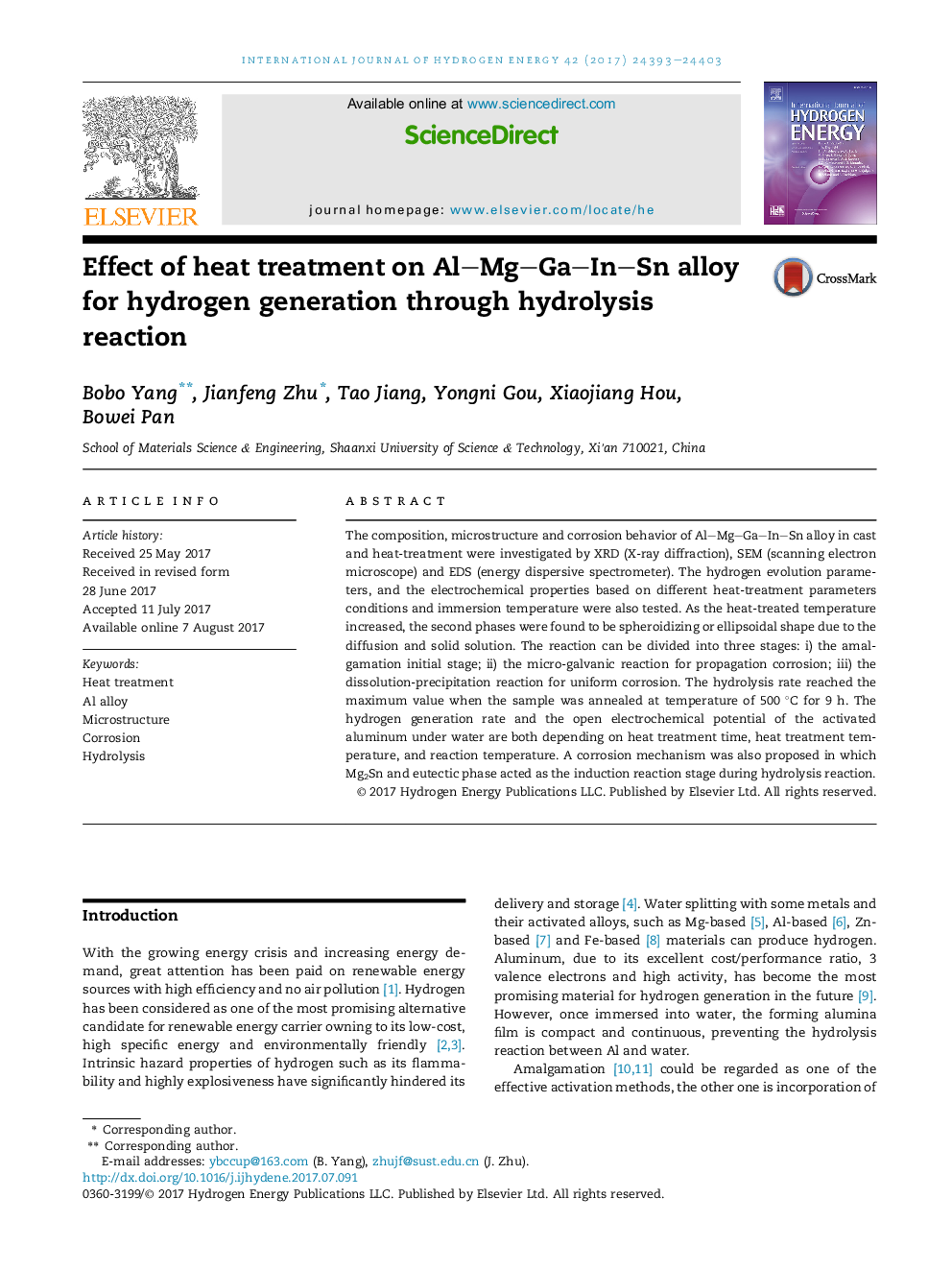 Effect of heat treatment on AlMgGaInSn alloy for hydrogen generation through hydrolysis reaction