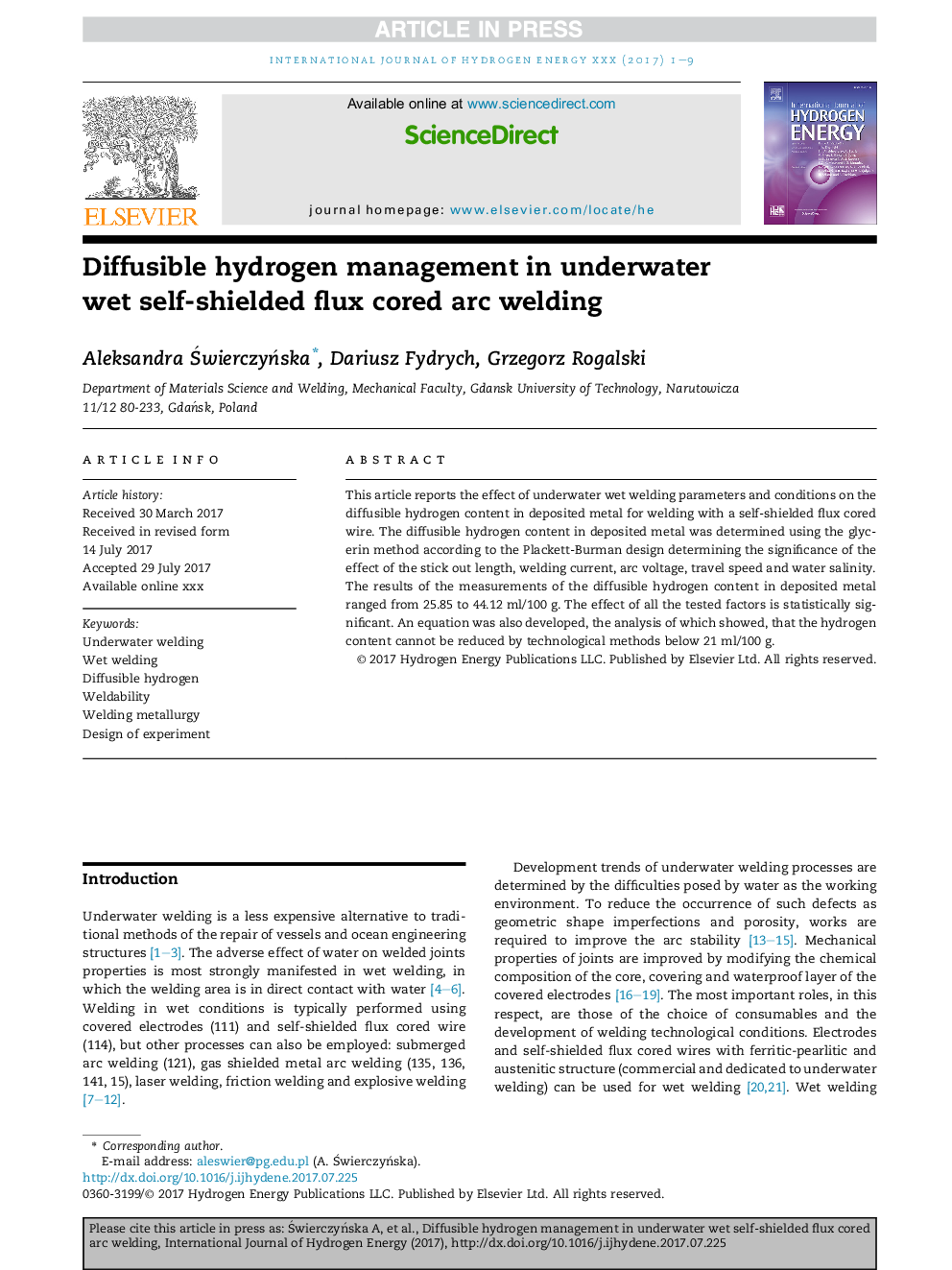 Diffusible hydrogen management in underwater wet self-shielded flux cored arc welding