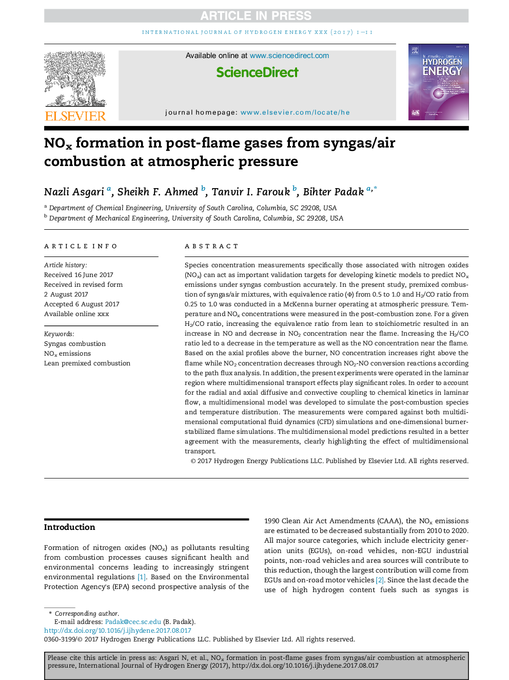 NOx formation in post-flame gases from syngas/air combustion at atmospheric pressure