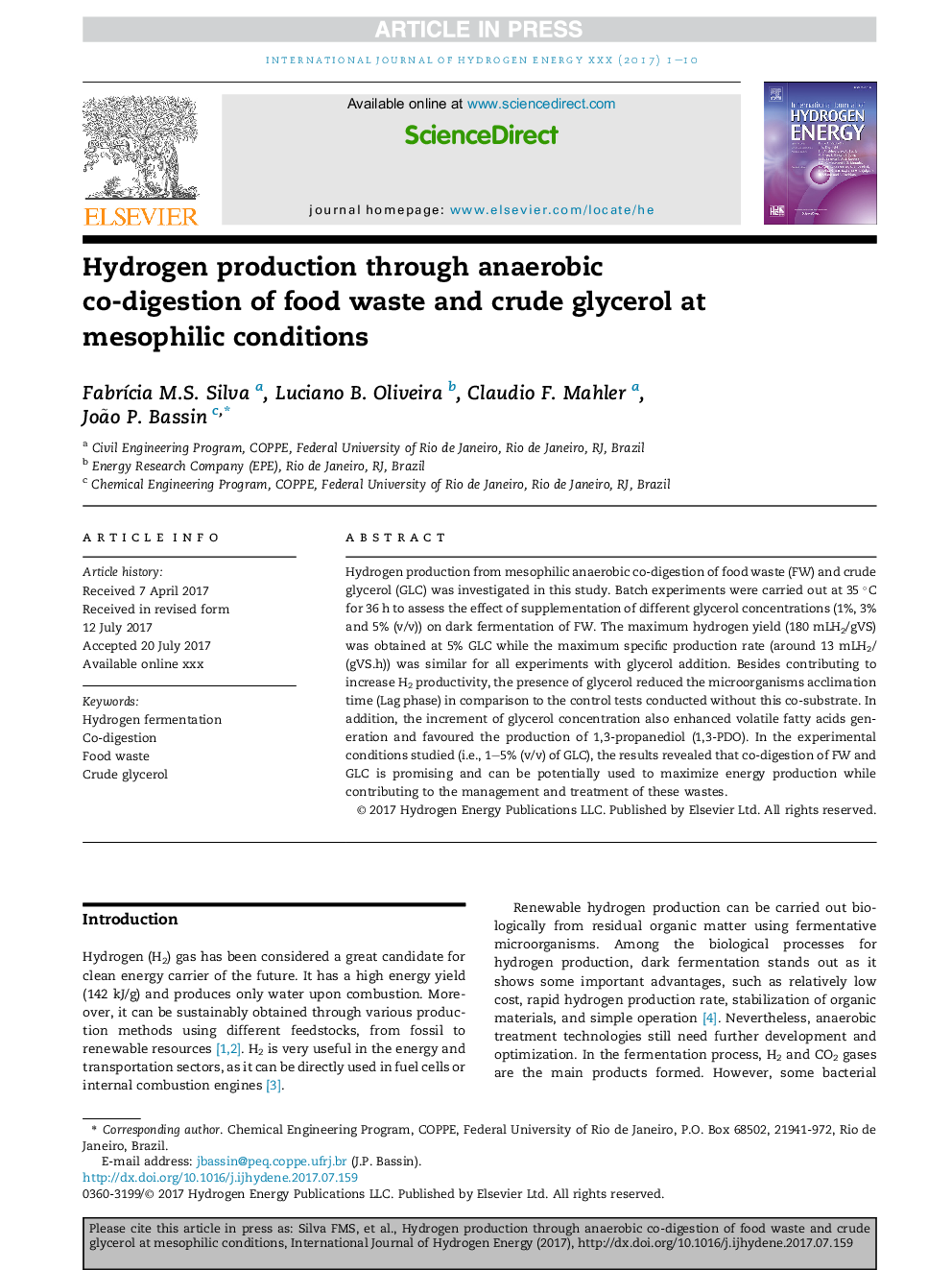 Hydrogen production through anaerobic co-digestion of food waste and crude glycerol at mesophilic conditions