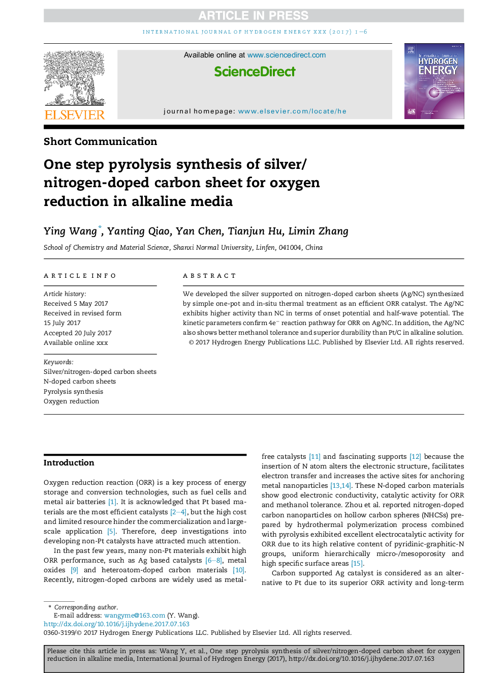 One step pyrolysis synthesis of silver/nitrogen-doped carbon sheet for oxygen reduction in alkaline media