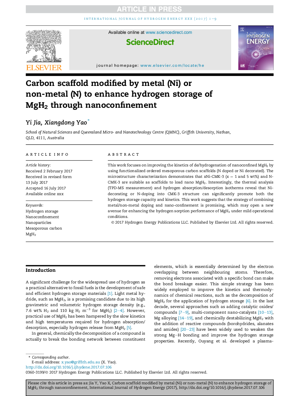 Carbon scaffold modified by metal (Ni) or non-metal (N) to enhance hydrogen storage of MgH2 through nanoconfinement