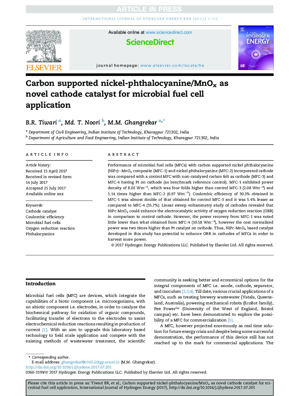 Carbon supported nickel-phthalocyanine/MnOx as novel cathode catalyst for microbial fuel cell application