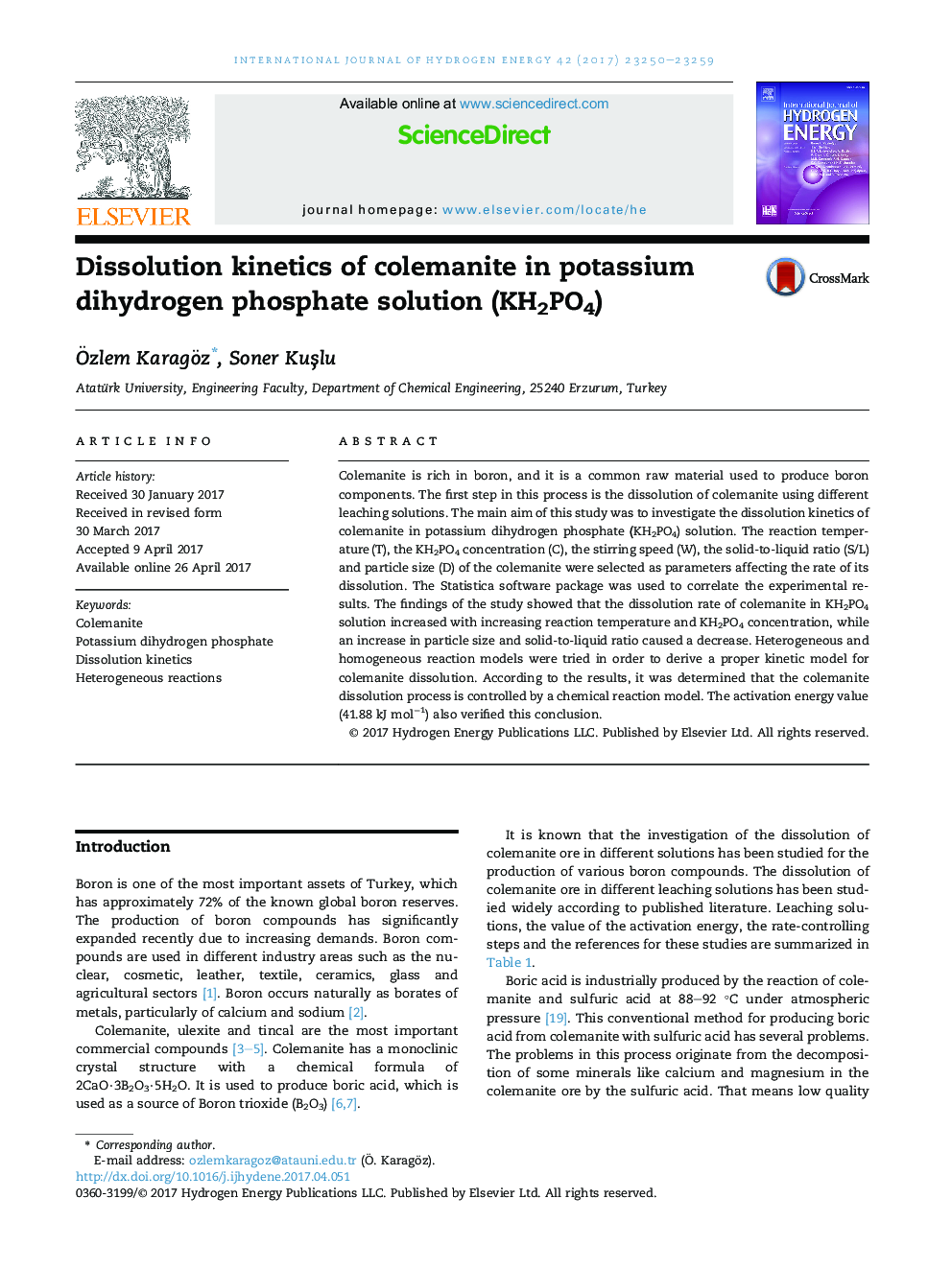 Dissolution kinetics of colemanite in potassium dihydrogen phosphate solution (KH2PO4)