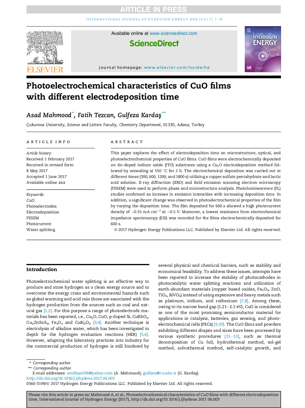 Photoelectrochemical characteristics of CuO films with different electrodeposition time