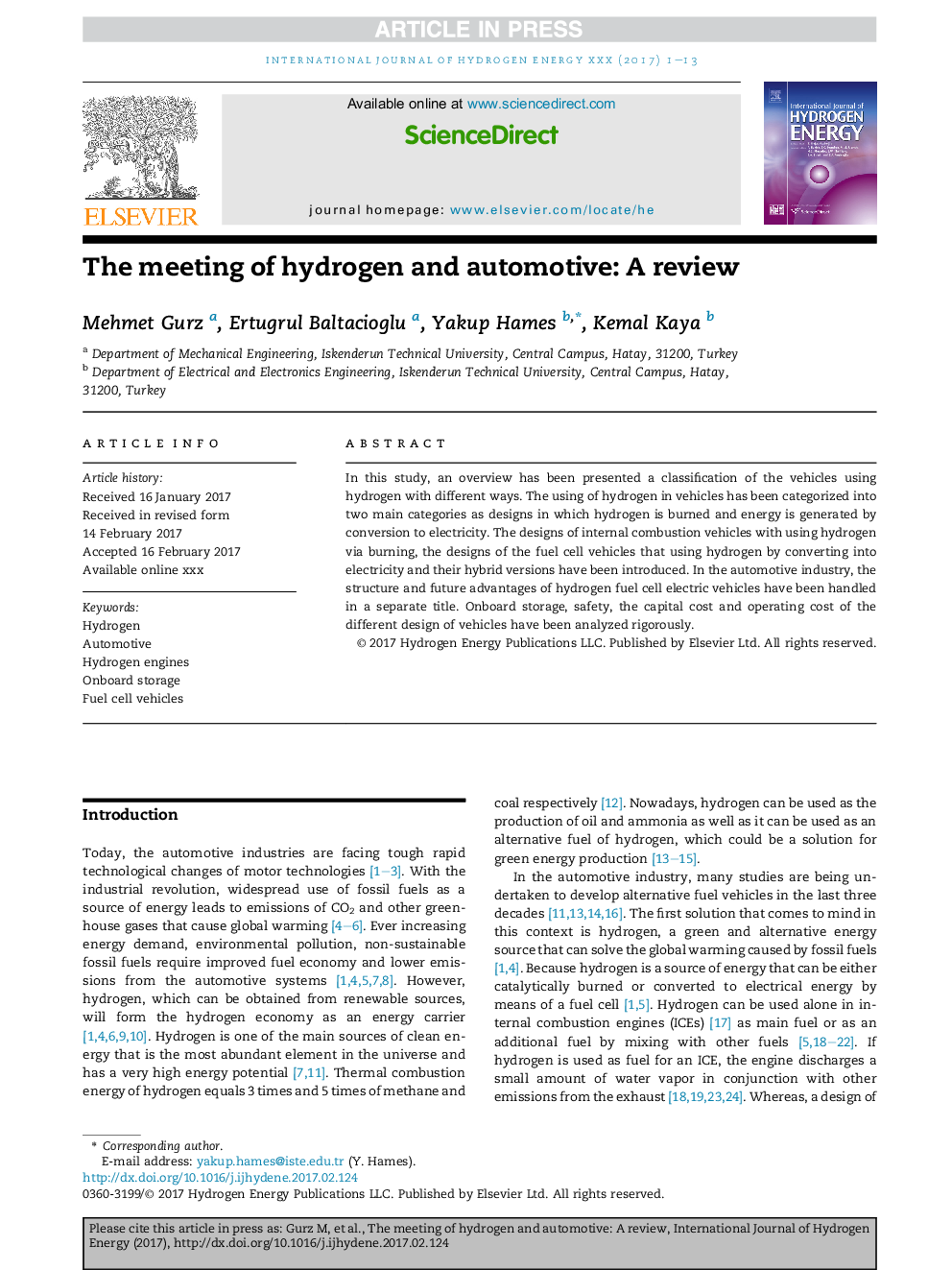 The meeting of hydrogen and automotive: A review