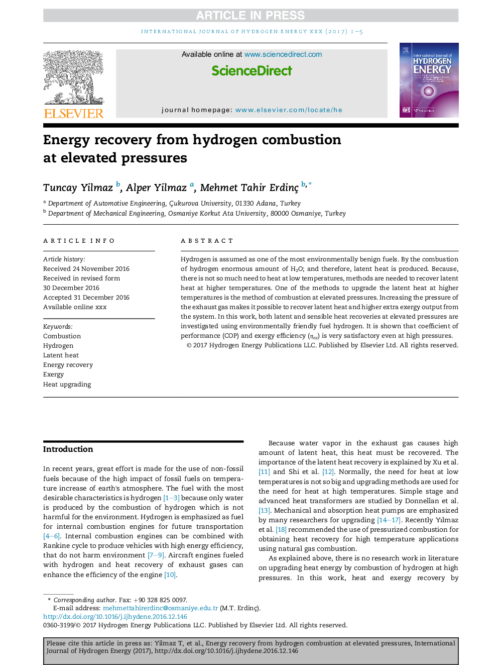 Energy recovery from hydrogen combustion atÂ elevated pressures