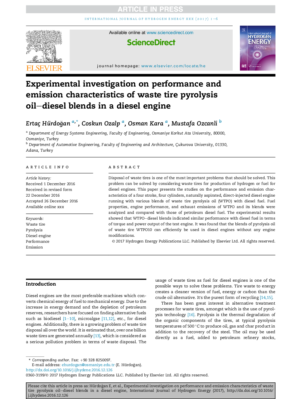 Experimental investigation on performance and emission characteristics of waste tire pyrolysis oil-diesel blends in a diesel engine