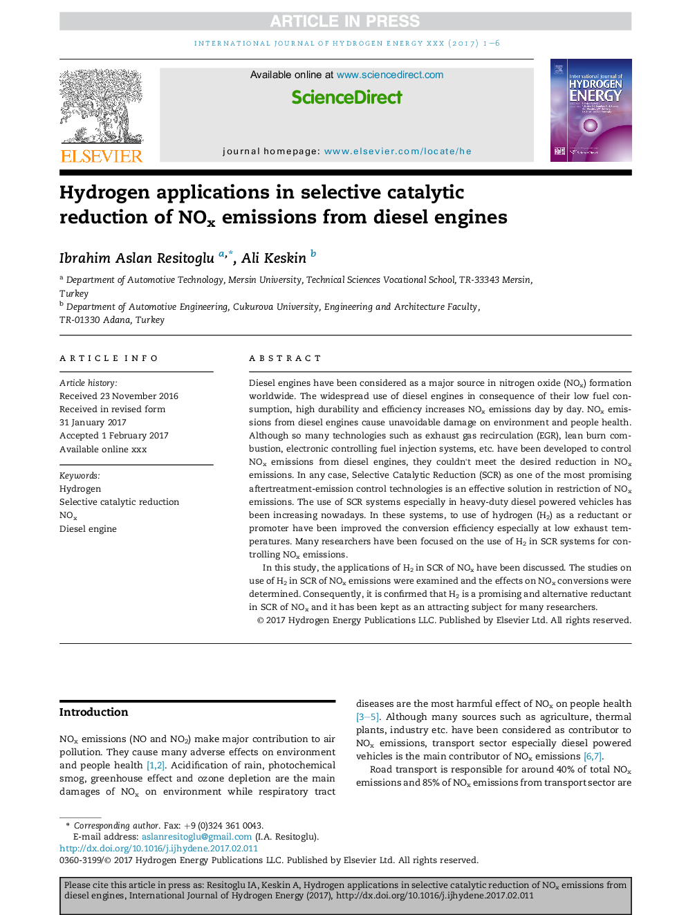 Hydrogen applications in selective catalytic reduction of NOx emissions from diesel engines