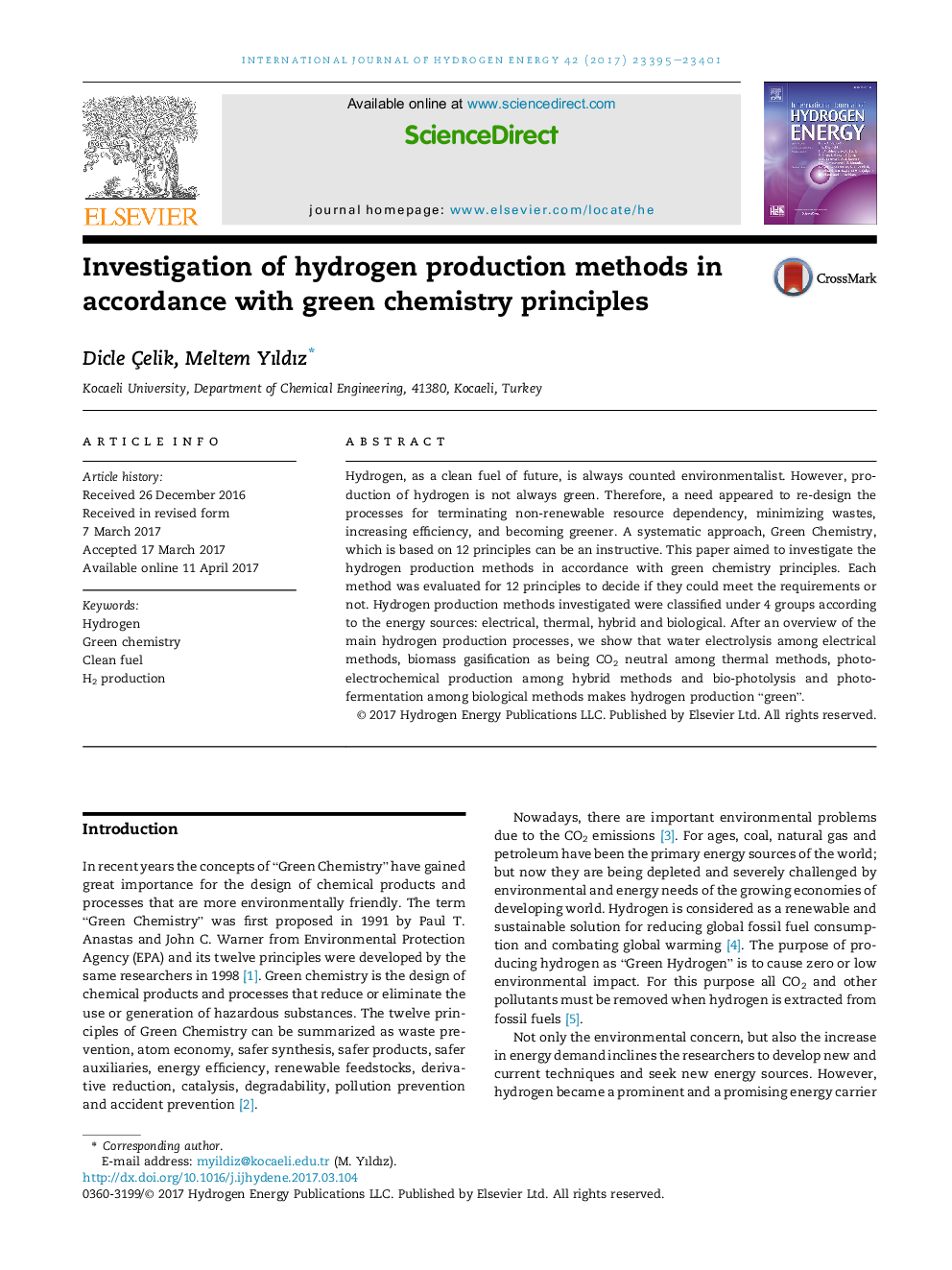 Investigation of hydrogen production methods in accordance with green chemistry principles