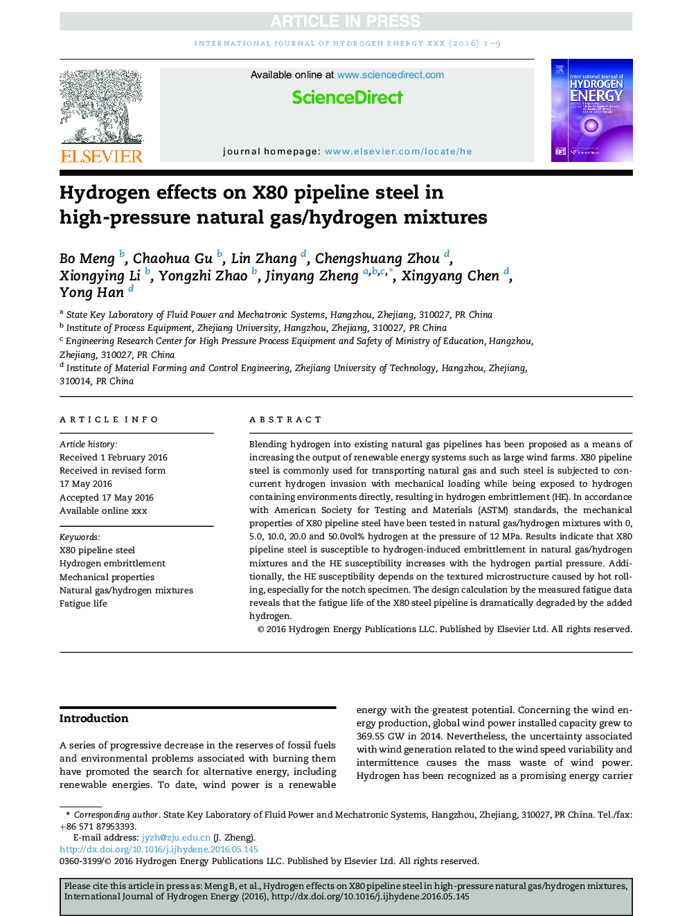 Hydrogen effects on X80 pipeline steel in high-pressure natural gas/hydrogen mixtures