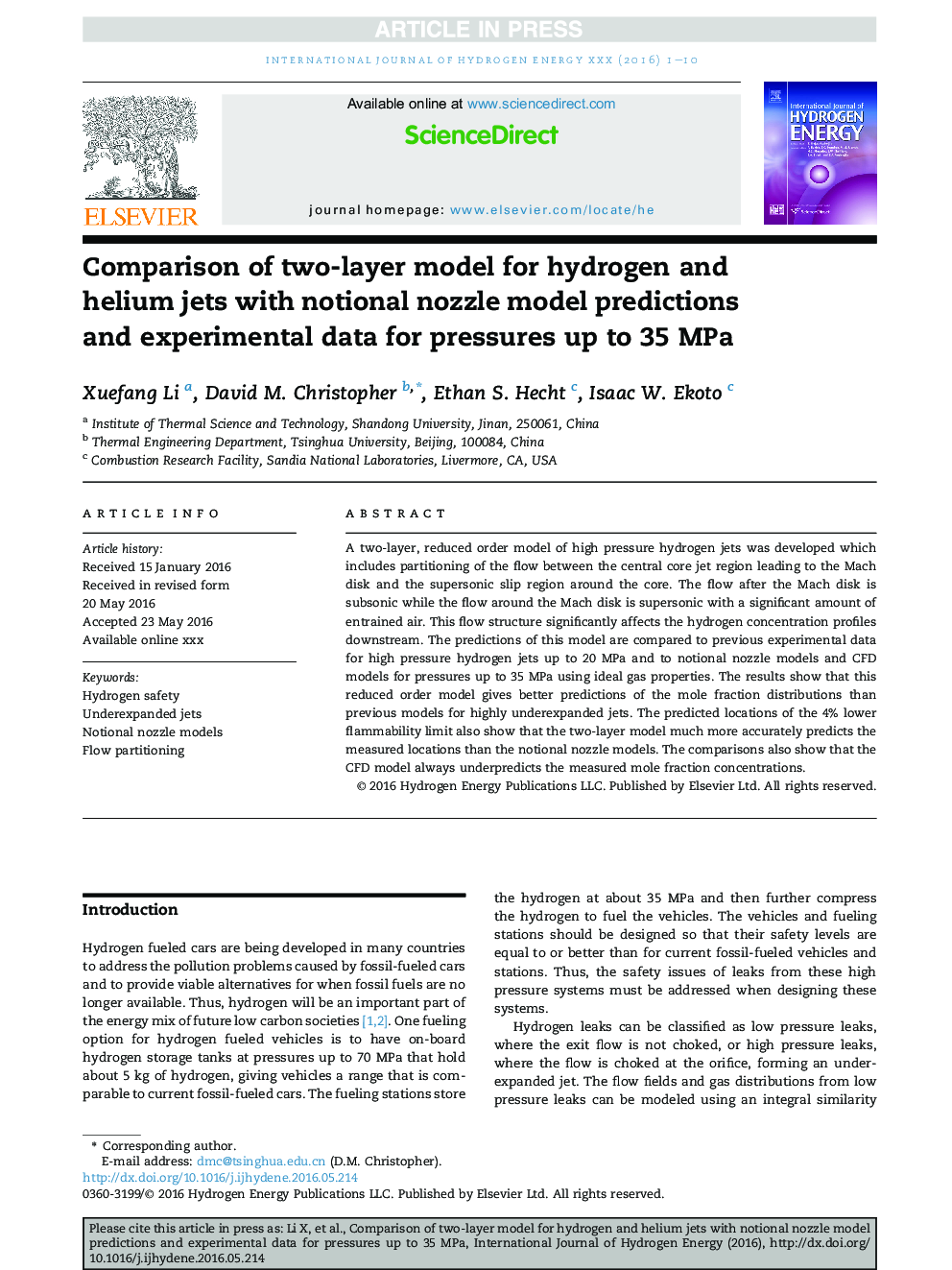 Comparison of two-layer model for hydrogen and helium jets with notional nozzle model predictions and experimental data for pressures up to 35Â MPa