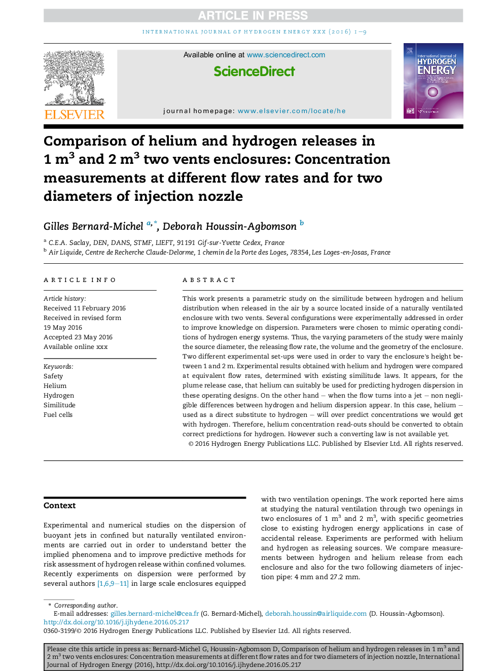 Comparison of helium and hydrogen releases in 1Â m3 and 2Â m3 two vents enclosures: Concentration measurements at different flow rates and for two diameters of injection nozzle