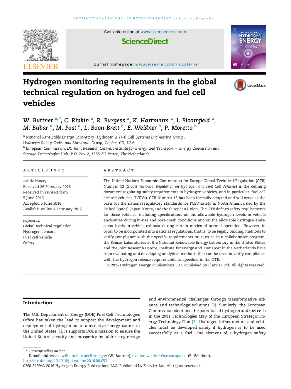 Hydrogen monitoring requirements in the global technical regulation on hydrogen and fuel cell vehicles