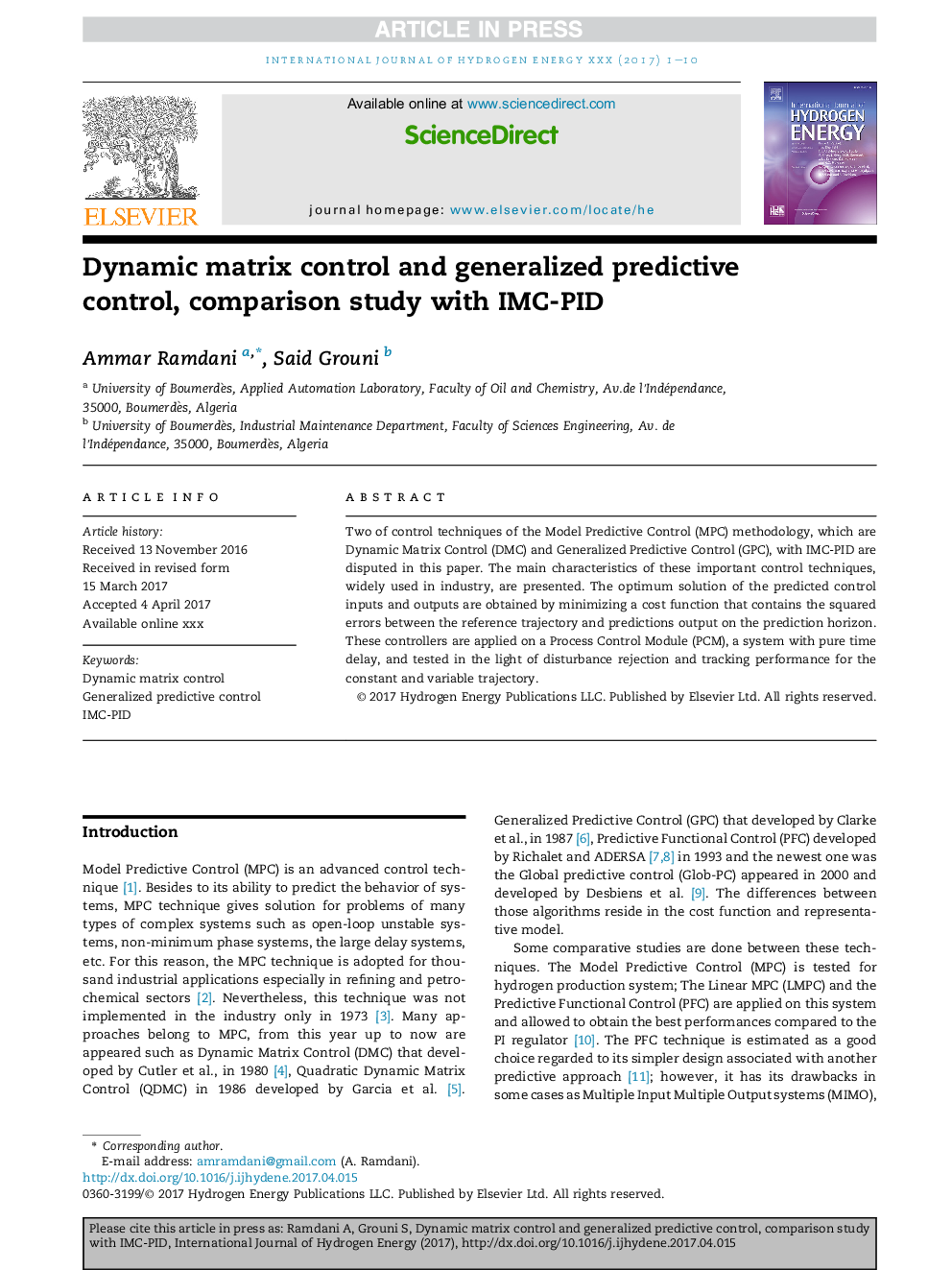 Dynamic matrix control and generalized predictive control, comparison study with IMC-PID