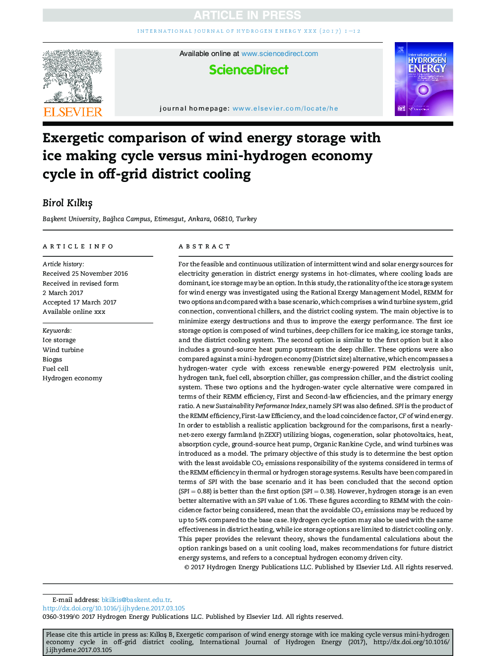 Exergetic comparison of wind energy storage with ice making cycle versus mini-hydrogen economy cycle in off-grid district cooling