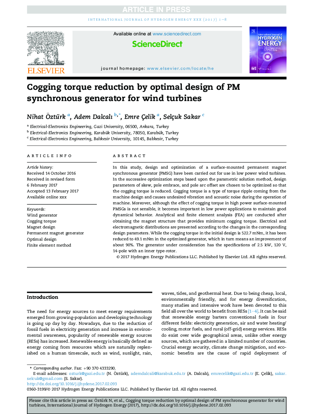 Cogging torque reduction by optimal design of PM synchronous generator for wind turbines