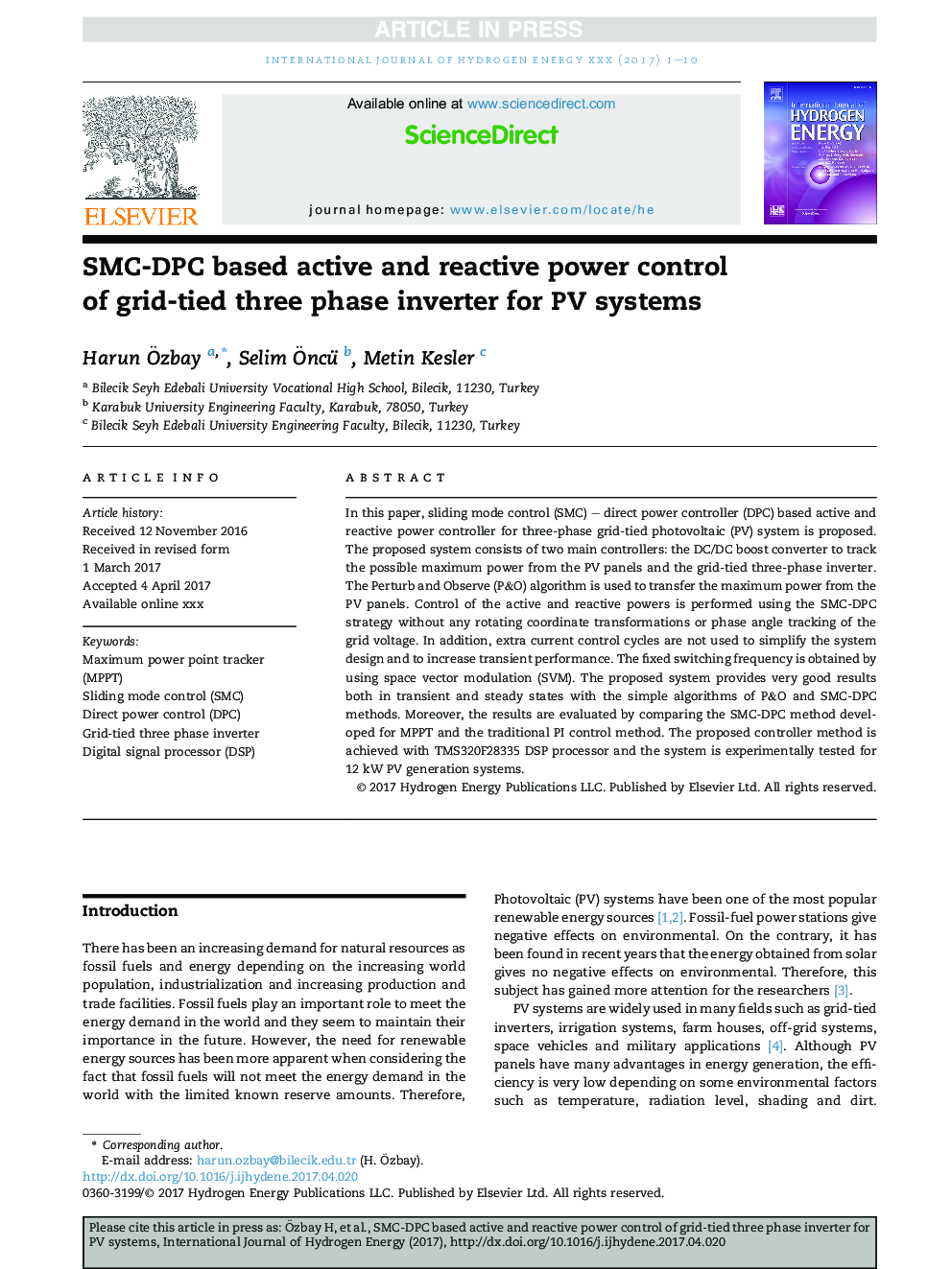 SMC-DPC based active and reactive power control of grid-tied three phase inverter for PV systems