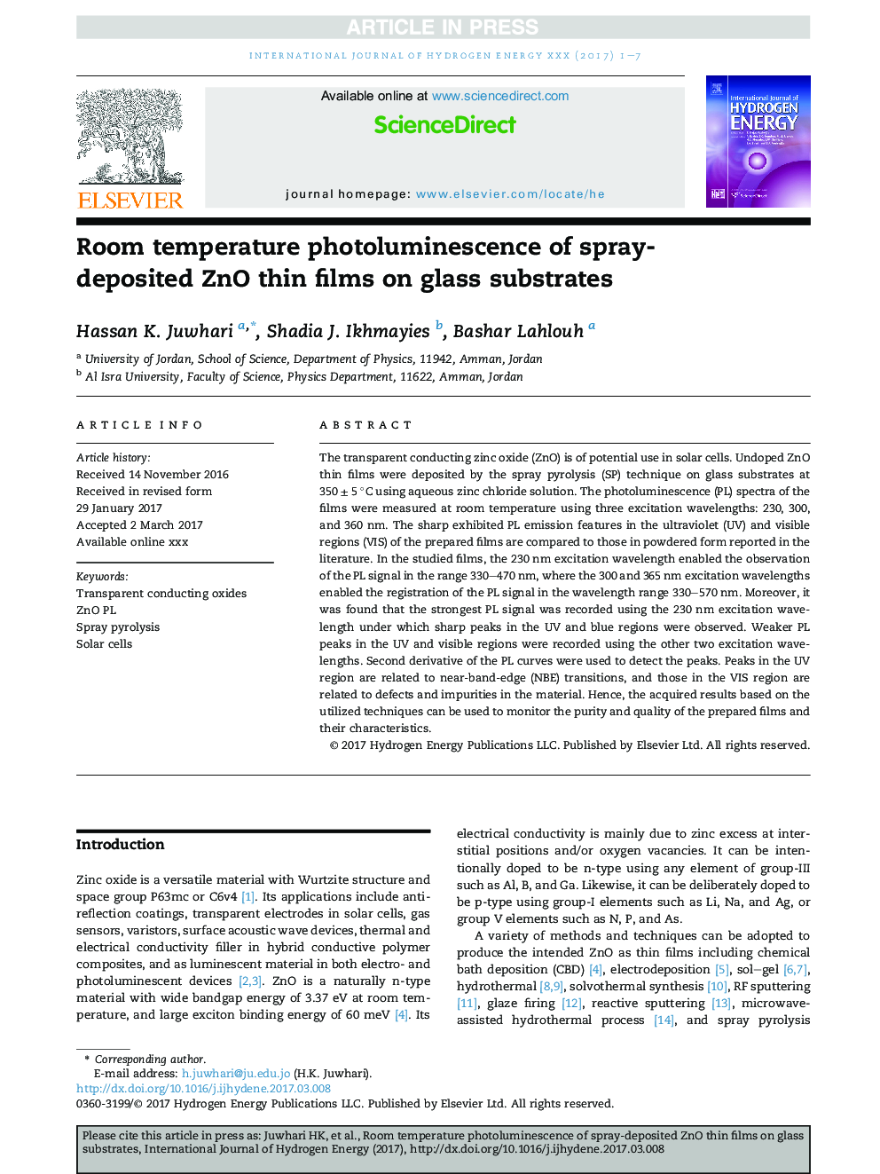 Room temperature photoluminescence of spray-deposited ZnO thin films on glass substrates