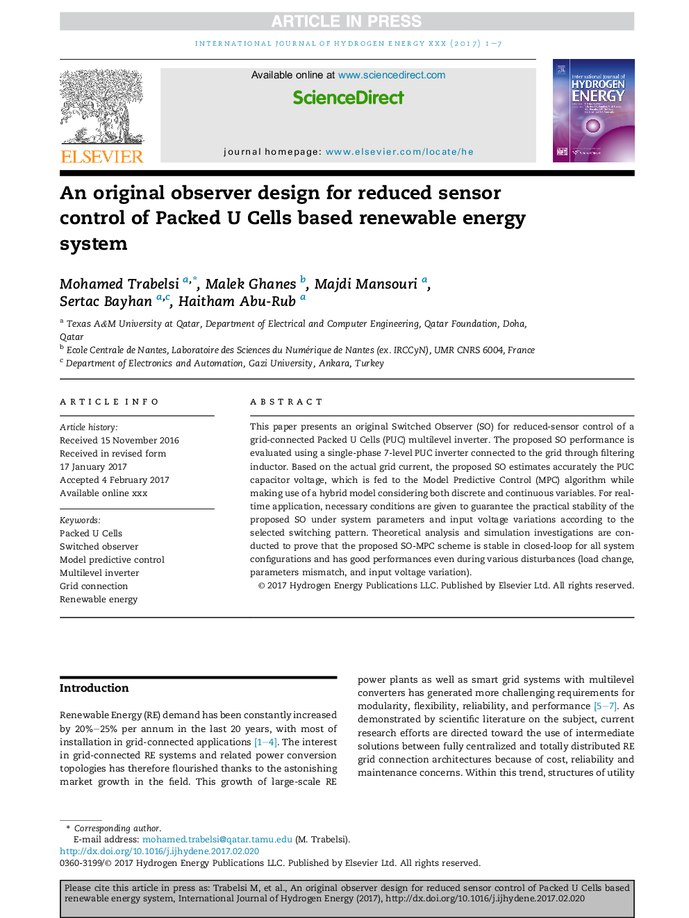 An original observer design for reduced sensor control of Packed U Cells based renewable energy system