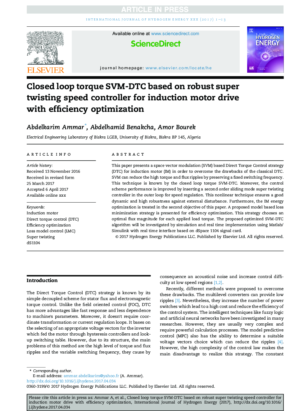 Closed loop torque SVM-DTC based on robust super twisting speed controller for induction motor drive with efficiency optimization
