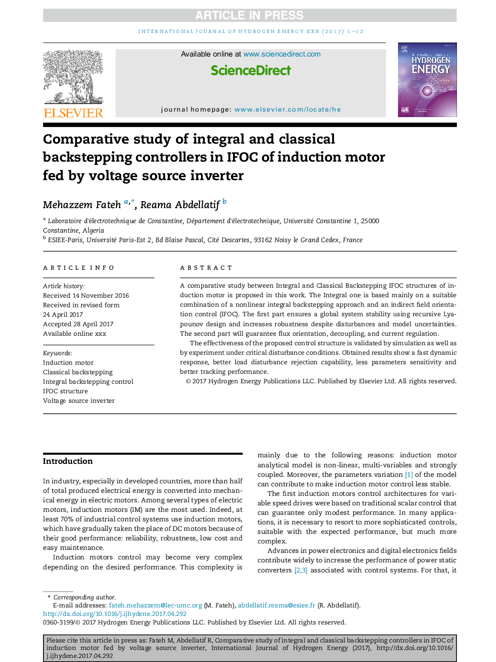 Comparative study of integral and classical backstepping controllers in IFOC of induction motor fed by voltage source inverter