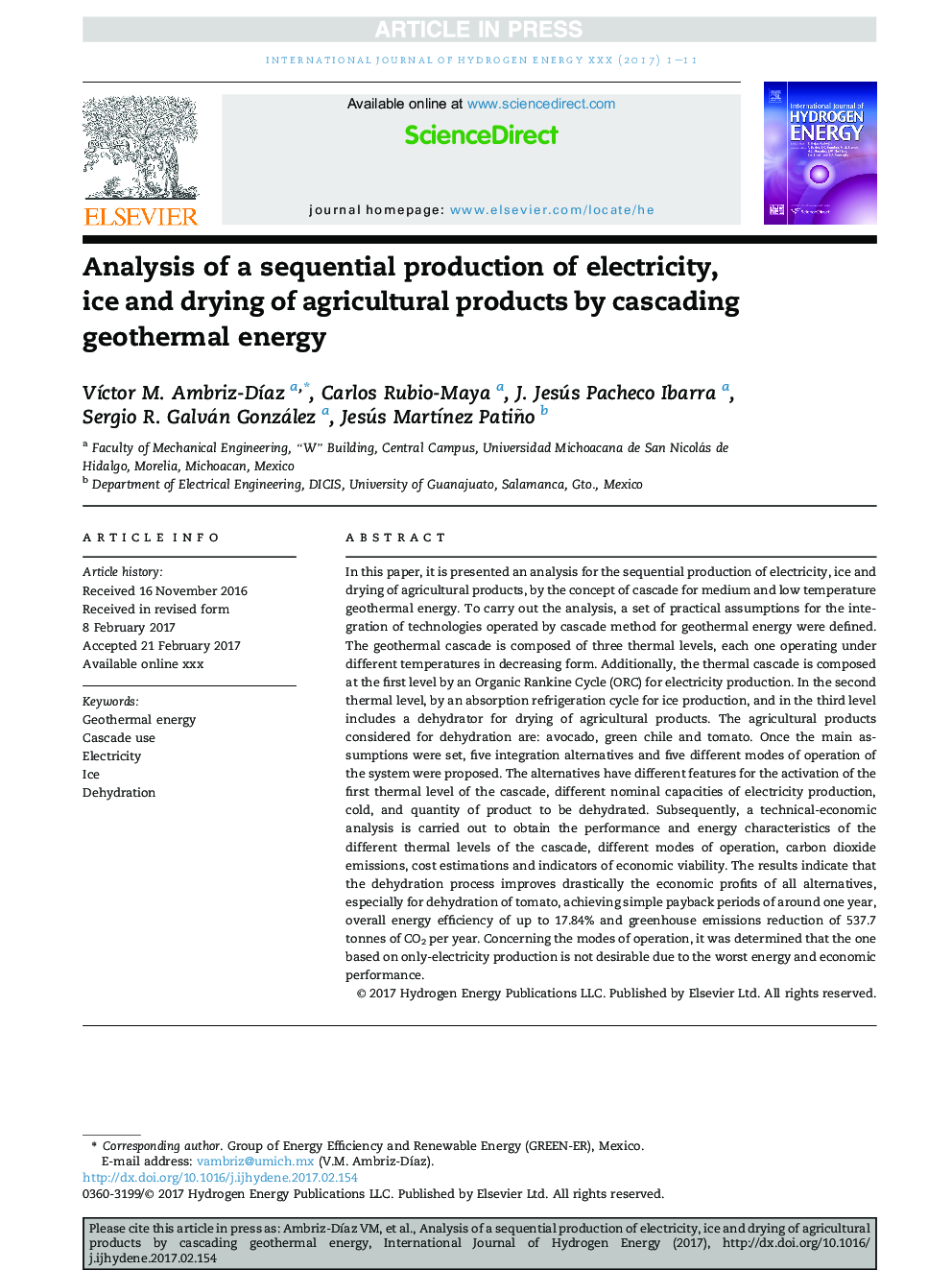 Analysis of a sequential production of electricity, ice and drying of agricultural products by cascading geothermal energy