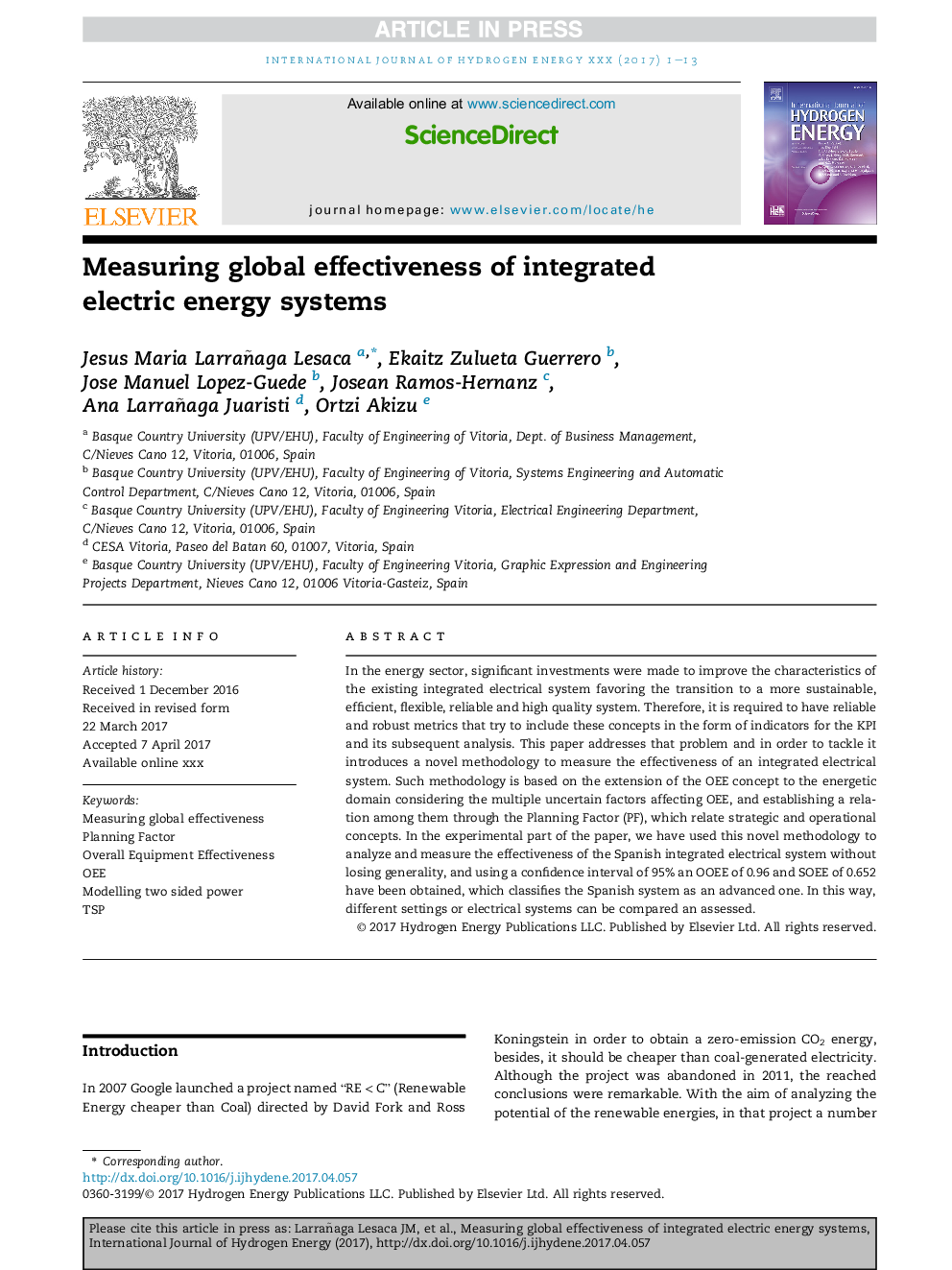 Measuring global effectiveness of integrated electric energy systems