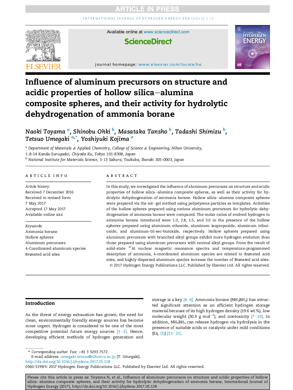 Influence of aluminum precursors on structure and acidic properties of hollow silica-alumina composite spheres, and their activity for hydrolytic dehydrogenation of ammonia borane