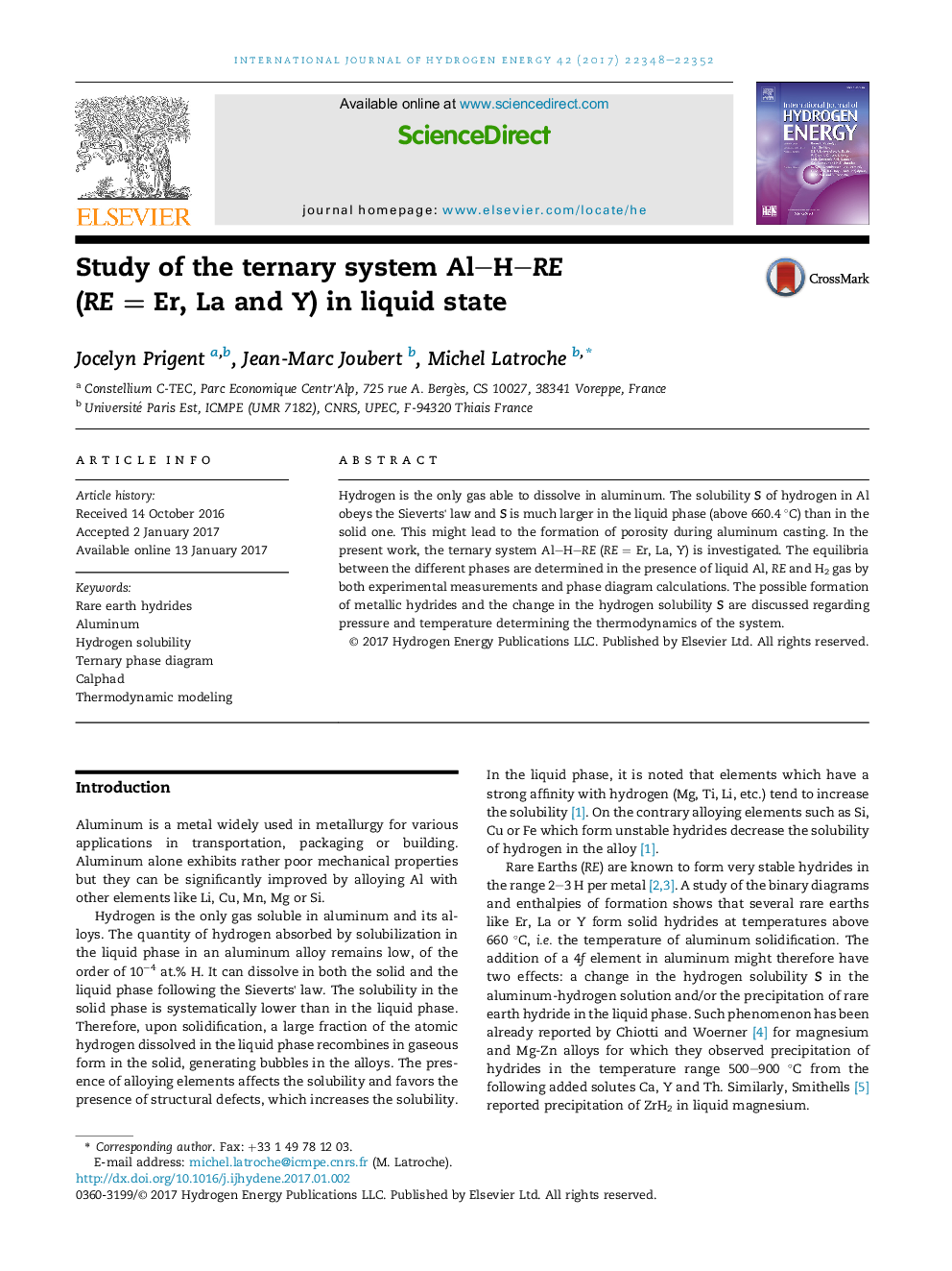 Study of the ternary system Al-H-RE (REÂ =Â Er, La and Y) in liquid state