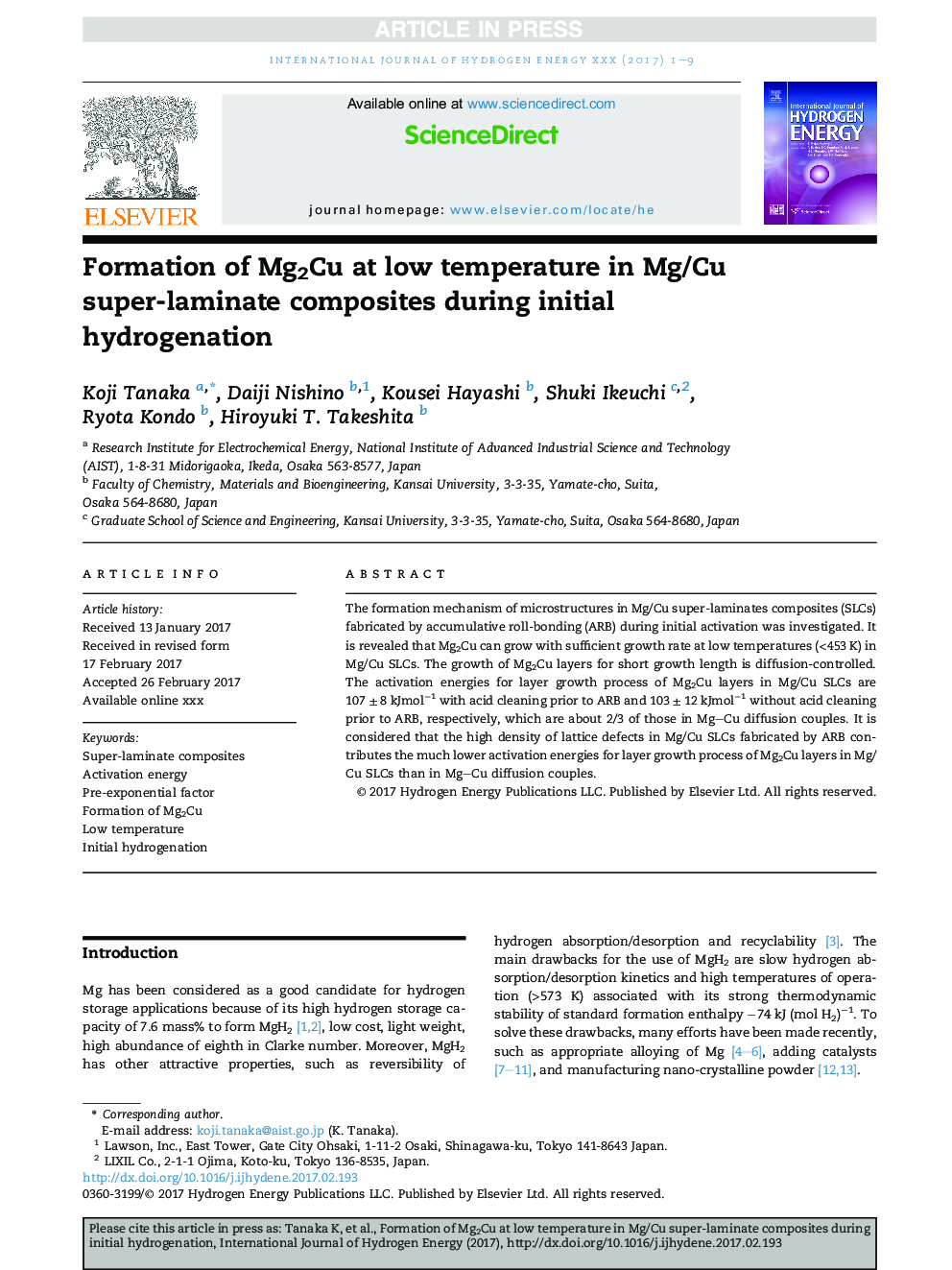 Formation of Mg2Cu at low temperature in Mg/Cu super-laminate composites during initial hydrogenation