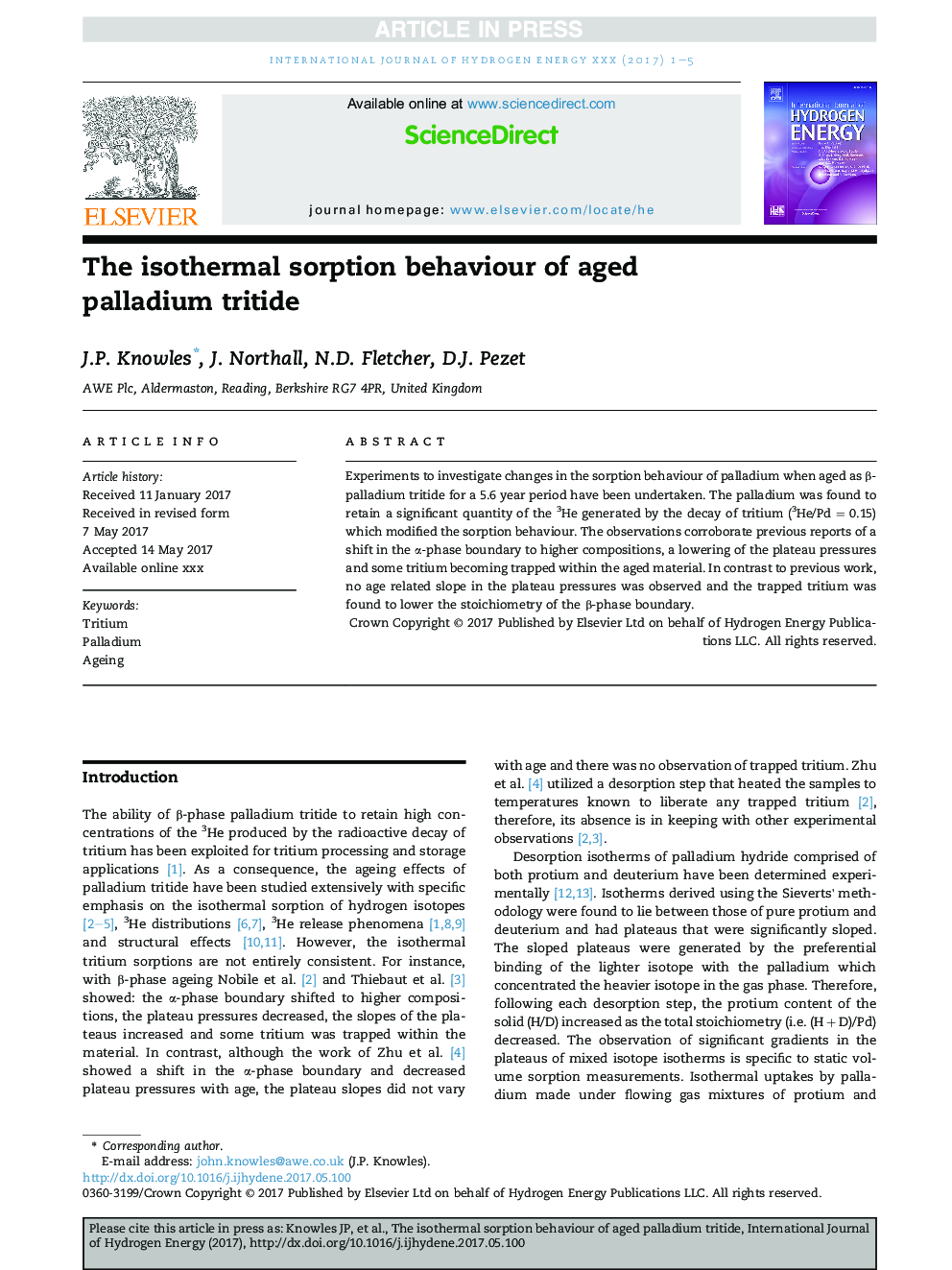 The isothermal sorption behaviour of aged palladium tritide