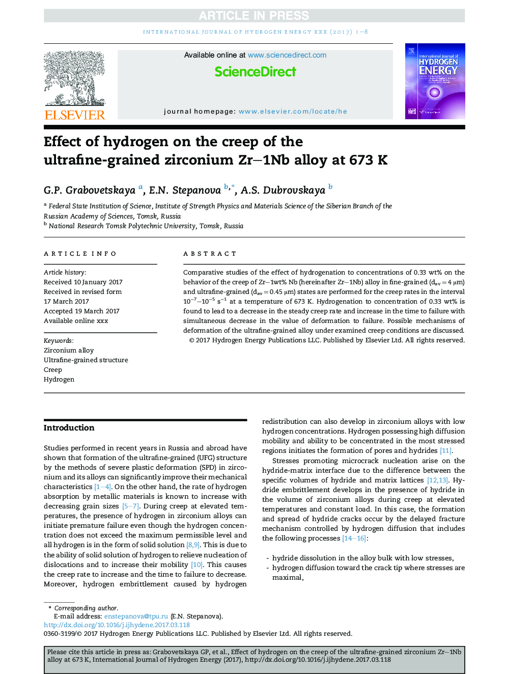 Effect of hydrogen on the creep of the ultrafine-grained zirconium Zr-1Nb alloy at 673Â K