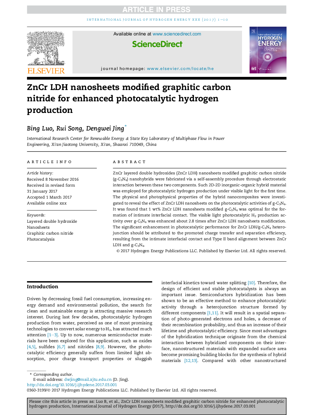 ZnCr LDH nanosheets modified graphitic carbon nitride for enhanced photocatalytic hydrogen production