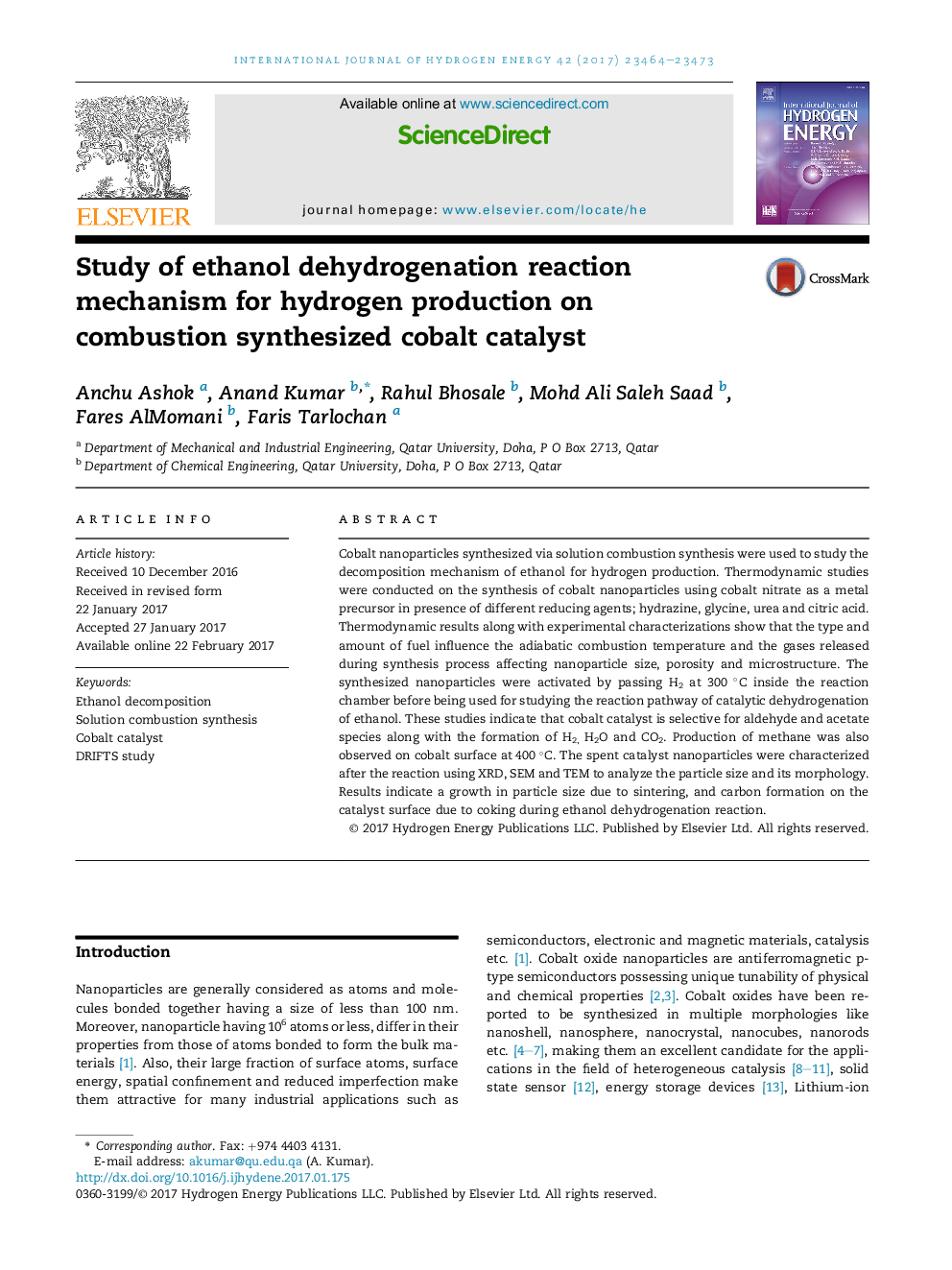 Study of ethanol dehydrogenation reaction mechanism for hydrogen production on combustion synthesized cobalt catalyst