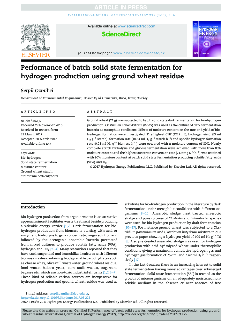 Performance of batch solid state fermentation for hydrogen production using ground wheat residue