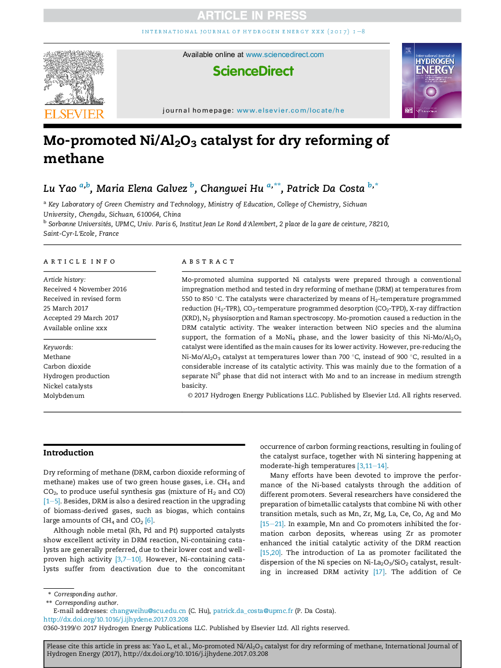 Mo-promoted Ni/Al2O3 catalyst for dry reforming of methane